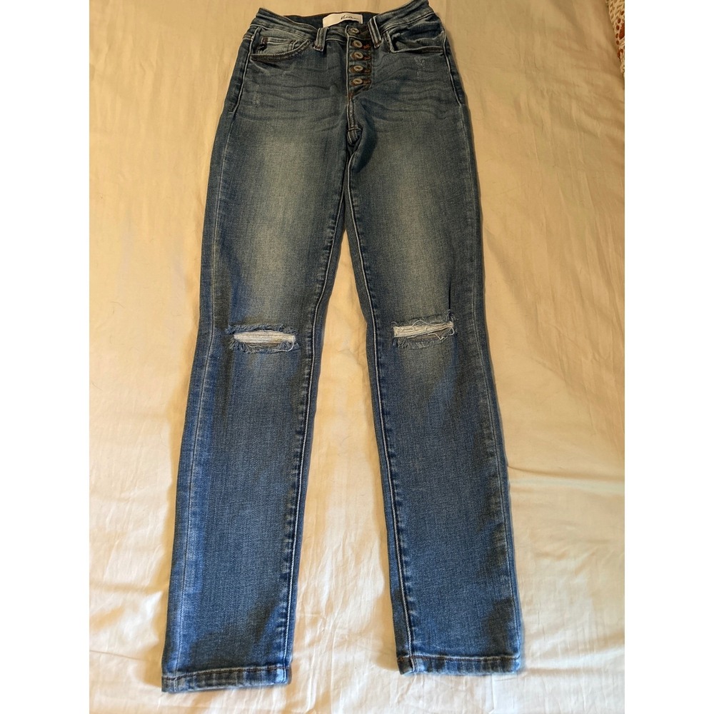 KanCan Womens Size 3/25 Jeans Distressed Knee‎ High Rise Button Fly Denim #104